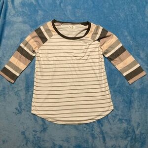 24/7 Maurice’s Raglan Sleeve Contrast Striped Pink White & Gray 3/4 Sleeve Top M